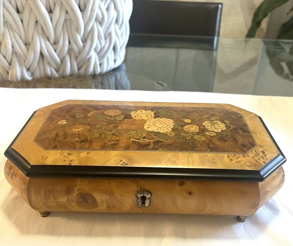VTG Reuge Swiss Music Jewelry Box 36 Note Vivaldi The Four Seasons Burl Wood 11”